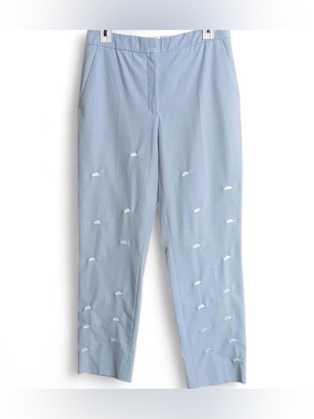 ZARA powder blue cropped pants with embroidered white clouds